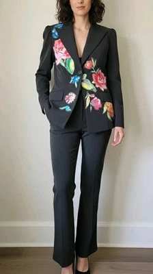 Vintage Alberto Makali Pant Suit 2/4 Black Floral  Sequin Pinstriped Gorgeous - Image 1 of 4