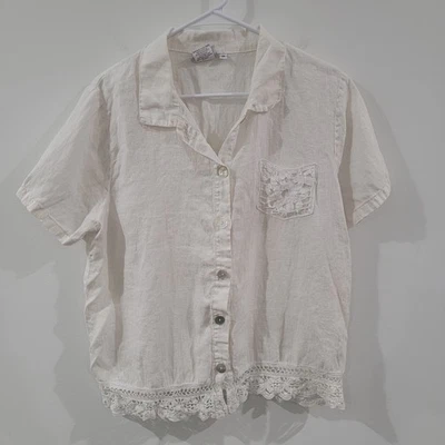 Lo último Top de algodón para mujer de lino con botones talla mediana blanco costero de lujo mínimo Foto 1 de 4