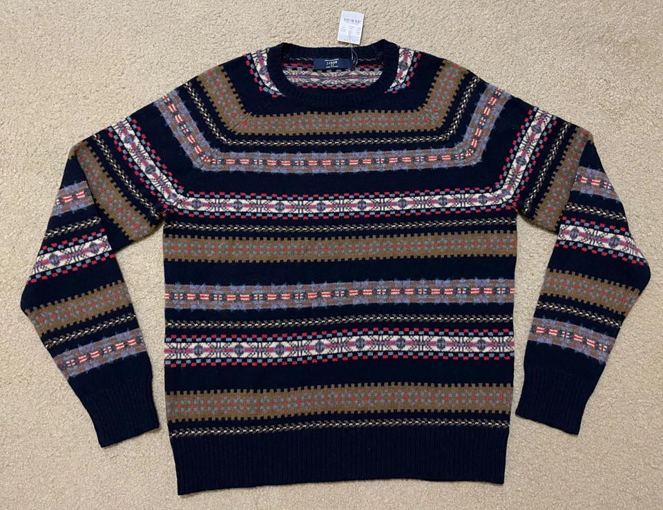 J.CREW Fair Isle Sweater Men's Large Blue Brown Lambs Wool Crew Neck Nordic NWT - Image 1 of 4