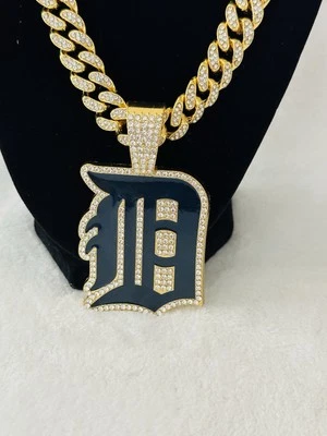 DETROIT TIGERS NECKLACE Gold Bling Baseball Pendant /24" Cuban Chain, US SHIP - Image 1 of 2