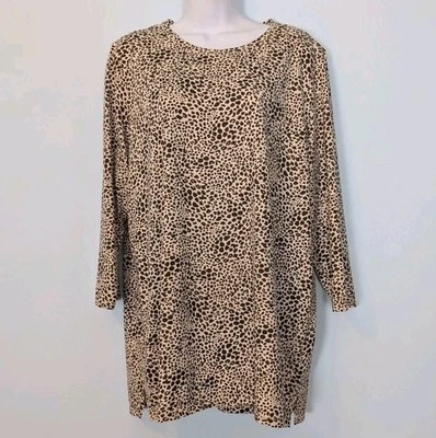 Lands End Cotton Tunic Womens Large Tall Brown Spotted Print 3/4 Sleeve Crewneck - Image 1 of 4