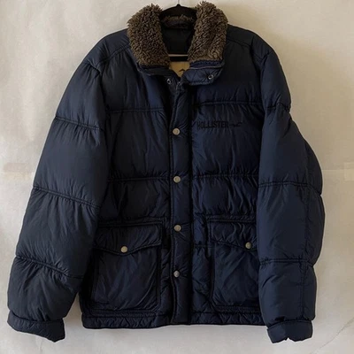 Chaqueta acolchada Hollister Y2K para hombre XL azul marino plumón relleno de plumas cremallera a presión invierno LEER Foto 1 de 4