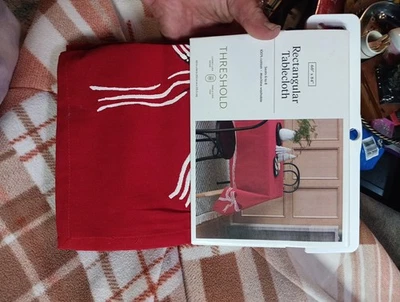 Threshold Rectangular Tablecloth Red Bow Christmas Holiday 60x84 100% Cotton - Image 1 of 4