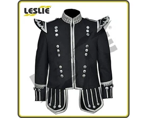 Leslie Scottish Black Military Piper Drummer Doublet Tunic Jacket 100% Wool - Picture 1 of 6