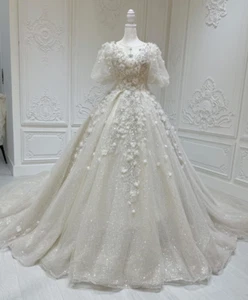 Princess Ivory Beading Wedding Dresses with 3D Florals Scoop Neck Bridal Gowns - Picture 1 of 10