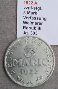 1922 A vzgl-stgl. 3 Mark Verfassung Weimarer Republik Jg. 303 - Bild 1 von 2