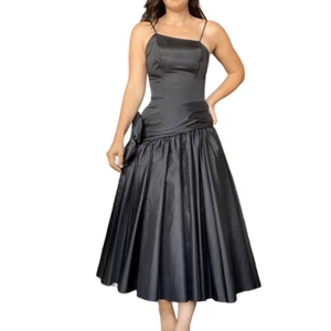 Vintage 70s Black Satin Victorian Bubblegum Prom Dress Flare Skirt Size Small - Picture 1 of 12