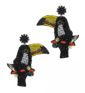 Black Multi Bead Tropical Bird Drop BIG Earrings for Women - Picture 1 of 1