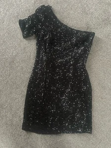 New Look Sparkly Little Black Dress Black Sequin Size 10 Off The Shoulder - Picture 1 of 4