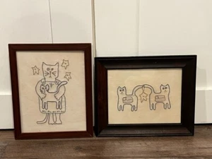 2 Vintage Kreuzstich Handarbeit Katze Kätzchen primitiv Wand gerahmt Dekor patriotisch - Bild 1 von 15