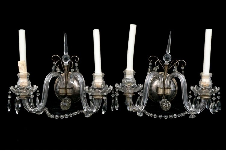 PAR DE APLIQUES ANTIGUOS DE VIDRIO TALLADO ANGLO IRLANDÉS PLACA DE PLATA CALIDAD CALDWELL Foto 1 de 4