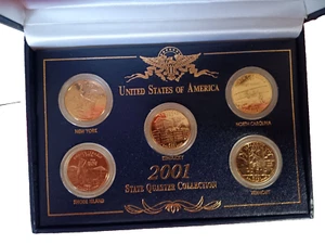 2001 GOLD PLATED State QTRs EMBOSSED IN HARD PLASTIC HOLDERS IN LINED DELUX BOX - Picture 1 of 6