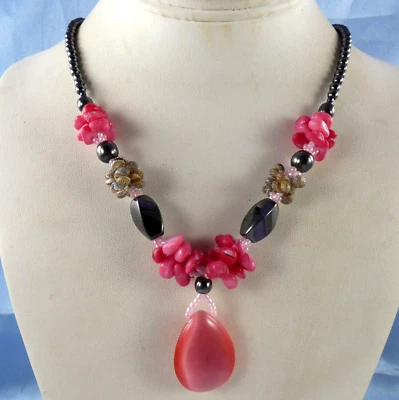 Красивый гематит и стеклянные бусины ожерелье розовый падение бочонок застежка довольно - Изображение 1 из 4
