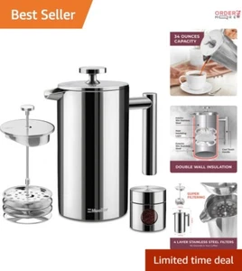 34oz Stainless Steel French Press – Durable Coffee Maker with 4-Level Filtration - Picture 1 of 9