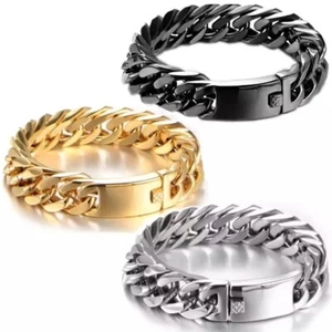 Mens Cuban Bracelet 12MM Classic Silver Gold Black Wrist Chain Curb Gift - Picture 1 of 5