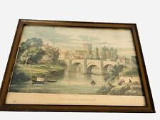 Antique Framed Print Wye Bridge Hereford Cathedral River Monmouth Wales 13" READ