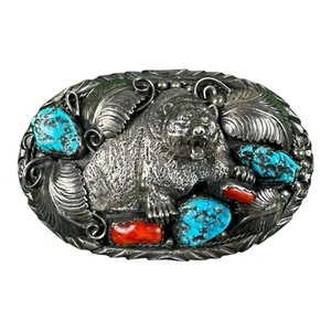 Navajo HP Maker Sterling Native American Grizzly Bear Turqoise Coral Buckle 88g - Picture 1 of 5
