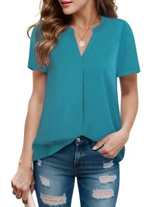 Womens V Neck Short Sleeve Curved Hem Sheer Chiffon Blouse Shirts Summer Tops - Picture 1 of 12