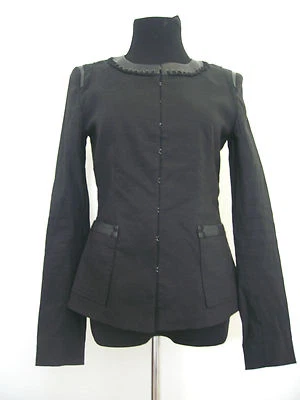 $498 Chaqueta Elie Tahari Lino Negro Detalle Cuero Talla 2 Foto 1 de 4