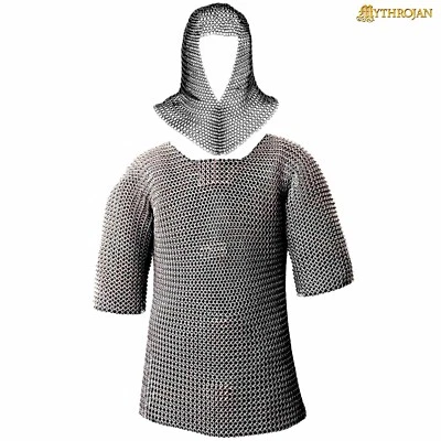 Réplica medieval armadura corrente correio calibre 16 camisa de aço e coif fantasia feita à mão - Imagem 1 de 4