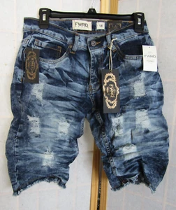 NWT FWRD Youth Unisex MOTO Shorts Distressed Dark Wash Denim Blue 14 - Picture 1 of 7