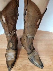 Vic Matie Cowgirl Western Boots EUR Size 38 Brown Leather Peekaboo Cowboy - Picture 1 of 12