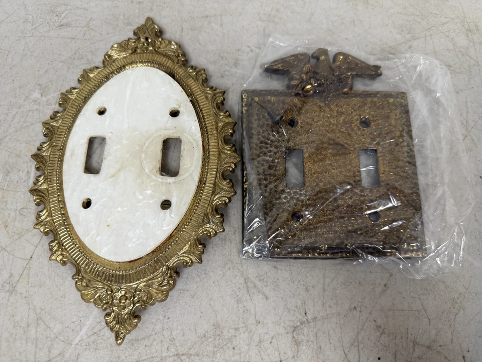 Vintage Pearl Maid Double Light Switch Plate | Mother of Pearl Brass Cover x2 - Image 1 of 4