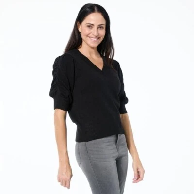 Suéter DG2 by Diane Gilman SoftEase tejido manga abullonada talla pequeña negro prendas de punto Foto 1 de 4