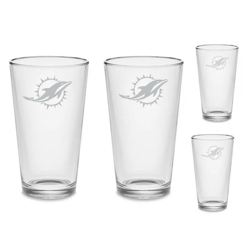 SET - Miami Dolphins Pint Beer Glasses Etched Tumblers Drinkware Cover