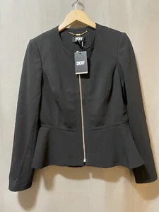 Neu mit Etikett DKNY Damenjacke kragenlos Langarm durchgehender Reißverschluss Schößchensaum Größe 8 schwarz - Bild 1 von 13