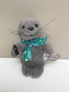 NWT COCA-COLA BABY SEAL PLUSH DOLL 1999 Green Logo Scarf Gray Bean Bag - Picture 1 of 4