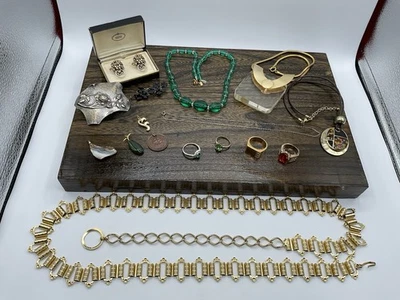 Vintage Lot Jewelry~Rings~Pendants~Necklaces~Brooches~Cuff Links~Chain Belt~925~ - Image 1 of 4