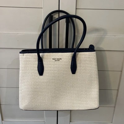 Kate Spade New York Beige/Navy Blue Straw Handbag, Tote, Crossbody - Image 1 of 4