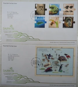 2 x 2009 SUPERB ROYAL MAIL FDCs - CHARLES DARWIN STAMPS & SHEET - SHREWSBURY - Picture 1 of 2