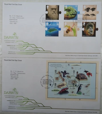 2 x 2009 SUPERB ROYAL MAIL FDCs - CHARLES DARWIN STAMPS & SHEET - SHREWSBURY - Image 1 of 2