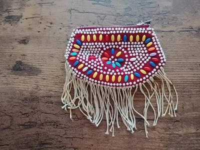 Vtg 1970"s Coin Purse w/Mult colored  Beads & Fringe Small Zipper Top 4"x3" - Image 1 of 2