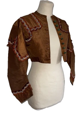 Vintage Georgian Jacket Womens Small Silk Brown Taffeta Fringe Bodice Malachite — 第 1/4 张图片