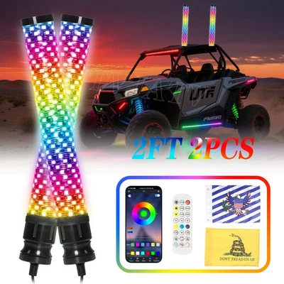 Pair 2FT Fat Whip Lights Spiral Fatty Lighted Whips for UTV ATV RZR Remote & APP - Image 1 of 4