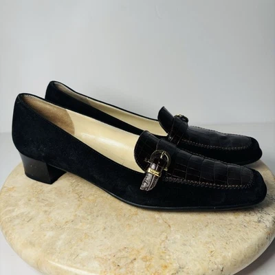 Salvatore Ferragamo Croc Black Suede Gold Buckle Loafers 7 - Image 1 of 4