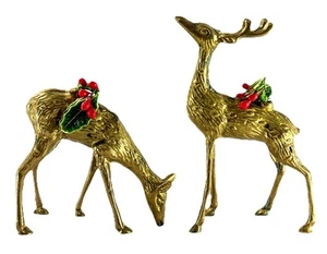 Estatuillas de renos de latón vintage con acebo - par de ciervos de Navidad con pátina - Imagen 1 de 8