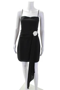 Amanda Uprichard Damen schwarzes Mini-Schlupfkleid eckiger Ausschnitt Reißverschluss Größe L - Bild 1 von 6