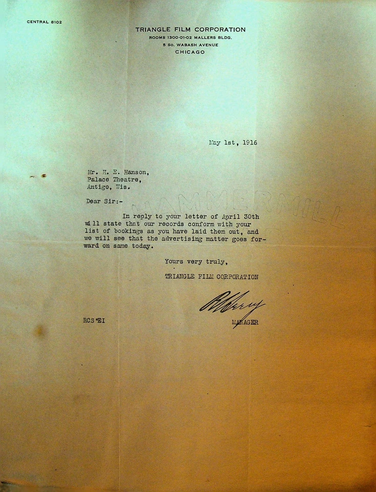 Carta intestata film triangolo 1 maggio 1916 Palazzo Teatro Antigo Wisconsin - Immagine 1 di 1