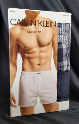 Calvin Klein 3 Pk Woven Boxers XL Classic Fit, Navy Blue Solid Plaid Striped - Image 1 of 4