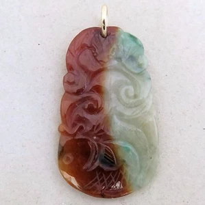 2.05" Chinese 14K Yellow Gold, Brick Red & Green JADEITE Jade Koi Fish Pendant - Picture 1 of 12
