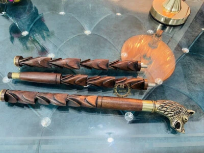 set of 2 brass warewolf head Handle shaft Wooden Walking Cane Stick designer - Image 1 of 4