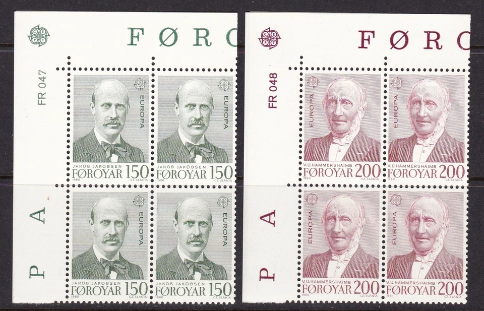 FAROE ISLANDS #53-54 MNH EUROPA CEPT 1980 UPPER LEFT CORNER BLOCK OF 4 OR RIGHT - Image 1 of 1