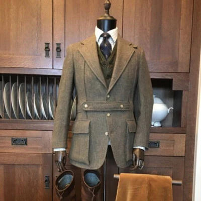Ternos masculinos vintage de tweed casaco de caça britânico negócios casual festa desgaste blazers - Imagem 1 de 4