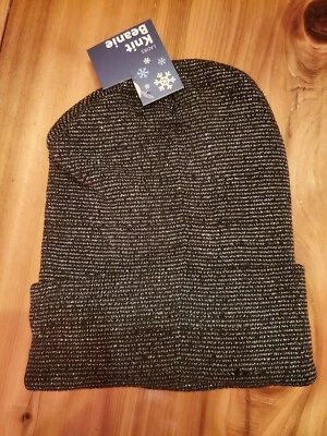 Gorro de invierno con puños tejido brillante negro y plateado para dama con forro polar Foto 1 de 4