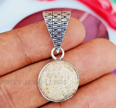 Подвеска из стерлингового серебра 925 пробы с ископаемым кораллом ручной работы с натуральными драгоценными камнями подарок - Изображение 1 из 4