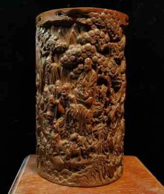 chinese carved brush pot pen case statue antique wood carving buddha Arhat decor - Image 1 of 4